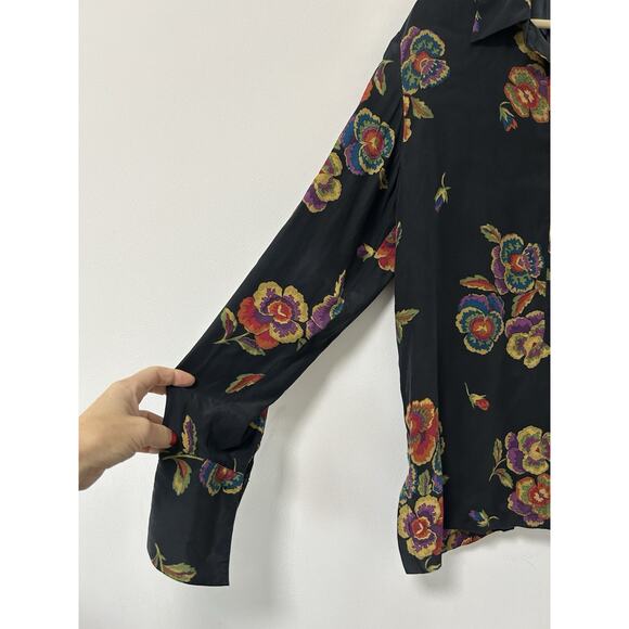 Coldwater Creek Silk Blouse Top Shirt Button Black Floral Medium Long Sleeve - Picture 2 of 10